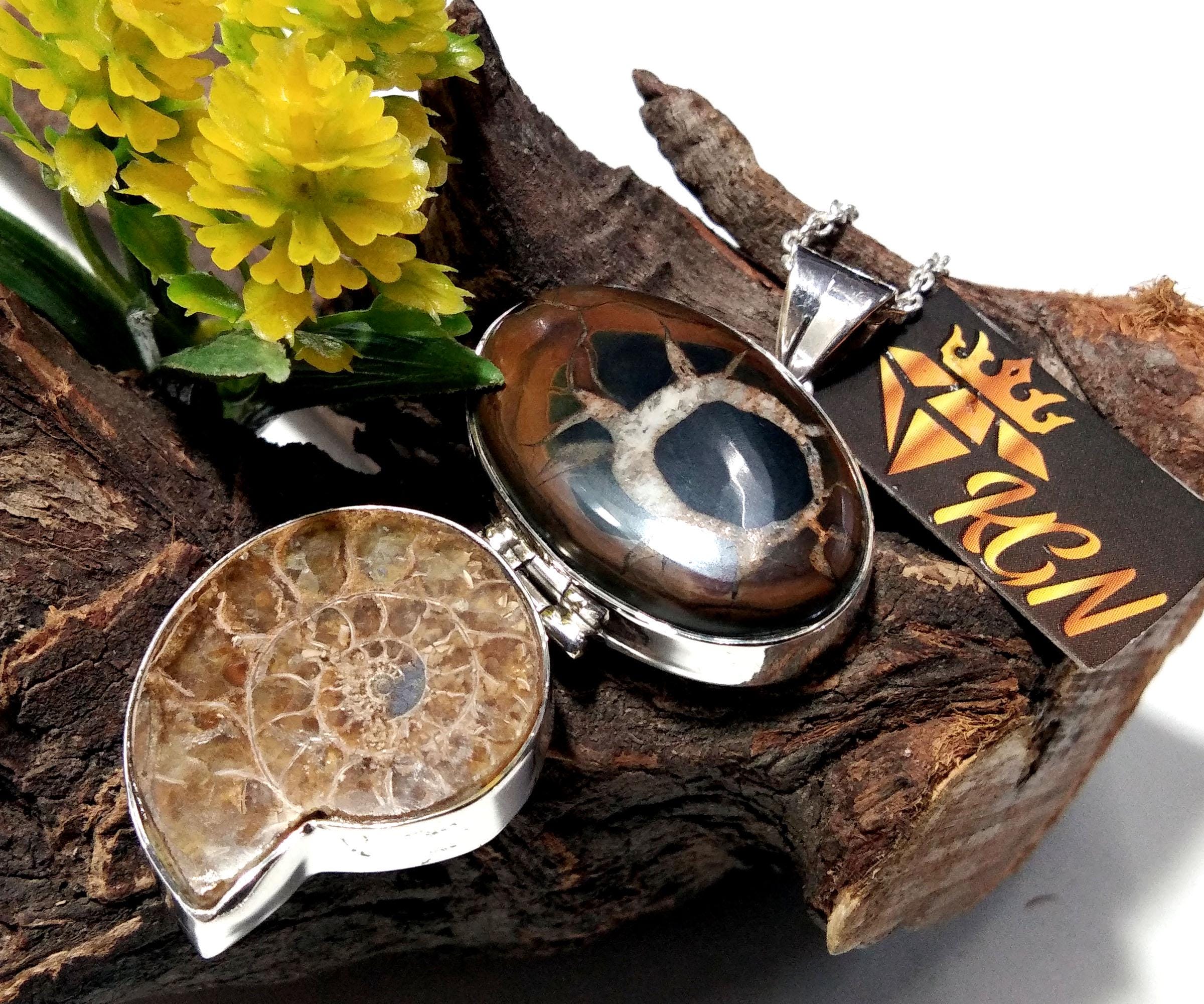 Natural Sapterian & Ammonite Gemstone Pendant Chain Necklace, 925 Silver Pendant Jewelry, Handmade Pendant Necklace, Gift Birthday Pendant